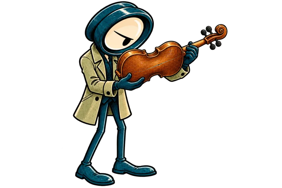 Lupa holds a used violin at chest height and examines a narrow crack in its wooden back.