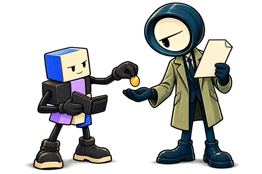 Cube holds an open wallet and offers a coin towards Lupa’s cupped hand. Lupa holds a plain paper and watches the payment.