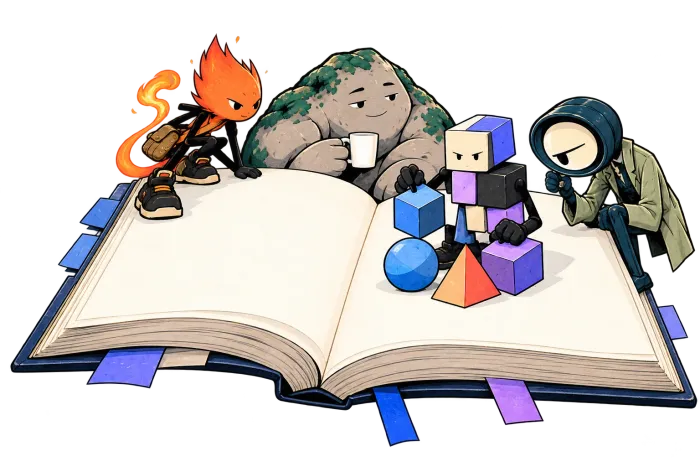 The four handbook characters work around an open book.