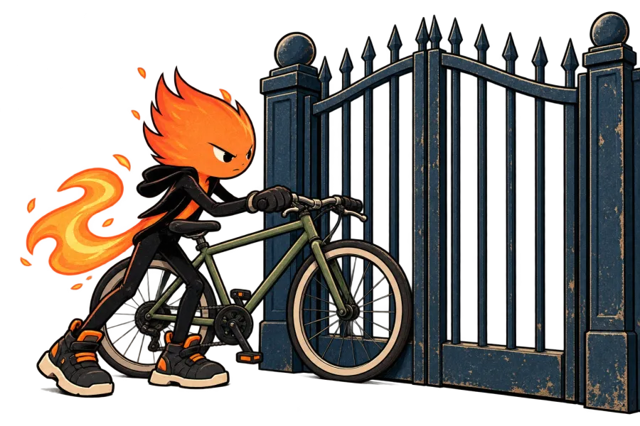 Spark pushes a bicycle toward a closed gate that blocks its front wheel.