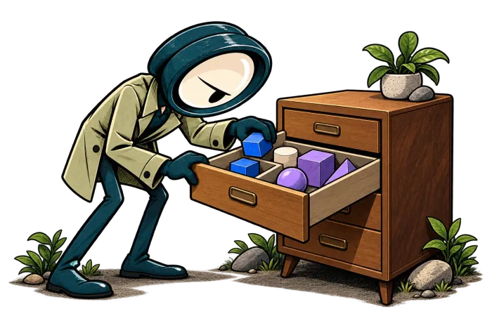 Magnifier pulls open a cabinet drawer to examine the objects inside.