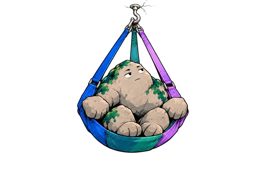 Stone looks up from a sling: three differently coloured straps all hang from one strained hook.