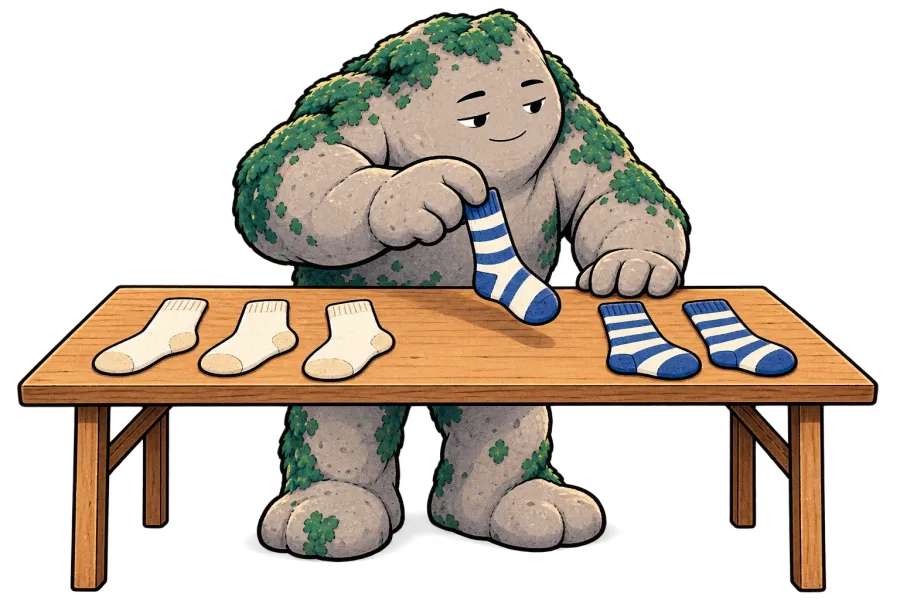 Stone moves a striped sock towards two other striped socks on a table. Three plain socks remain visible on the left.