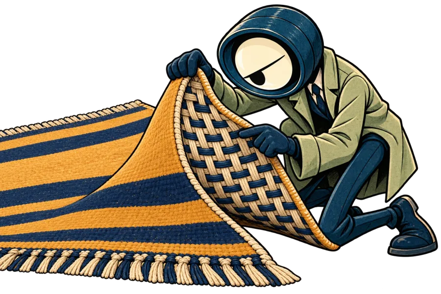 Lupa lifts a corner of a woven rug and examines the exposed interlocking threads underneath.