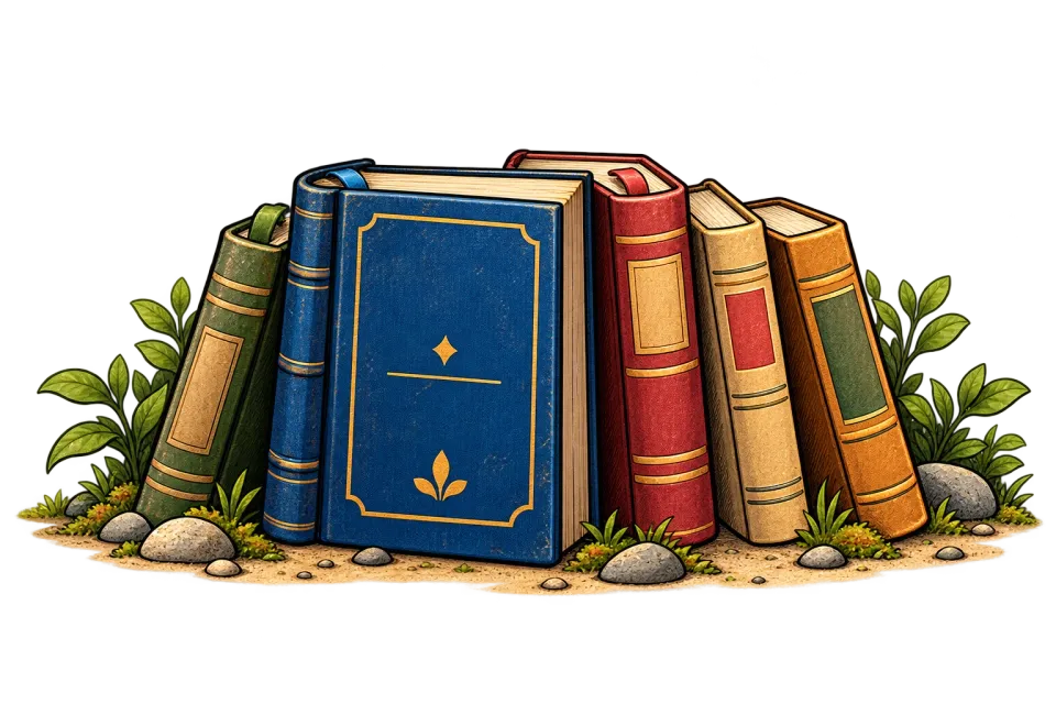 Reference books stand together on a small patch of grass and stones.