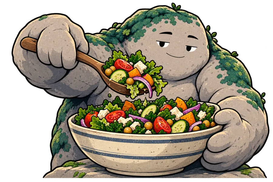 Stone lifts a mixed spoonful of salad from a large bowl.
