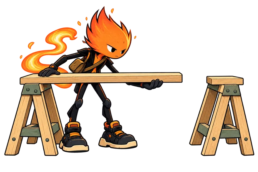 Spark supports a board on one trestle, but its free end stops short of the second support.
