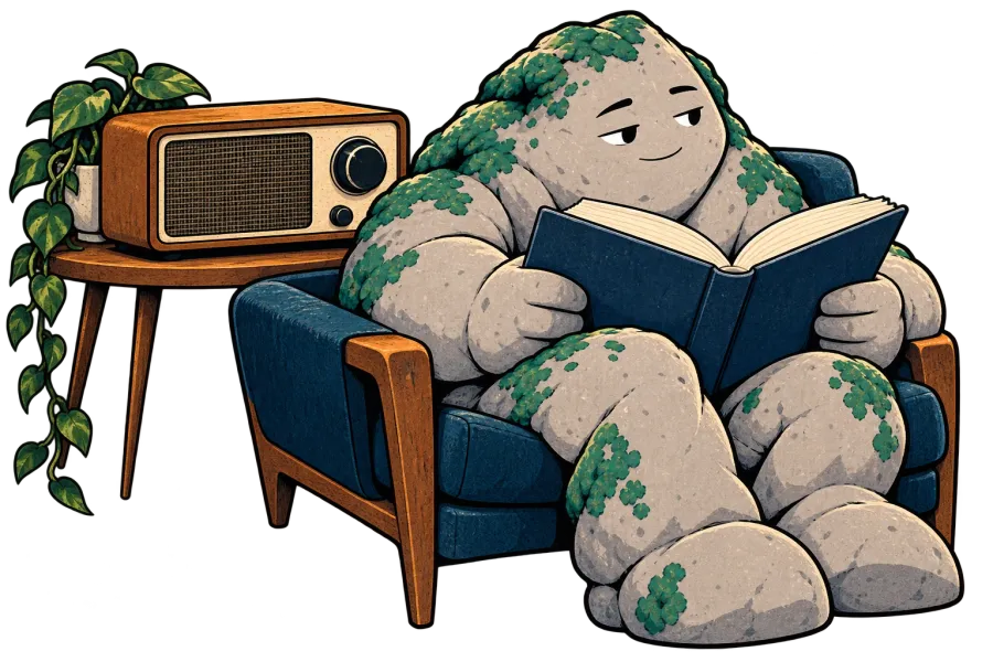Stone reads a book with a large radio left behind the shoulder.