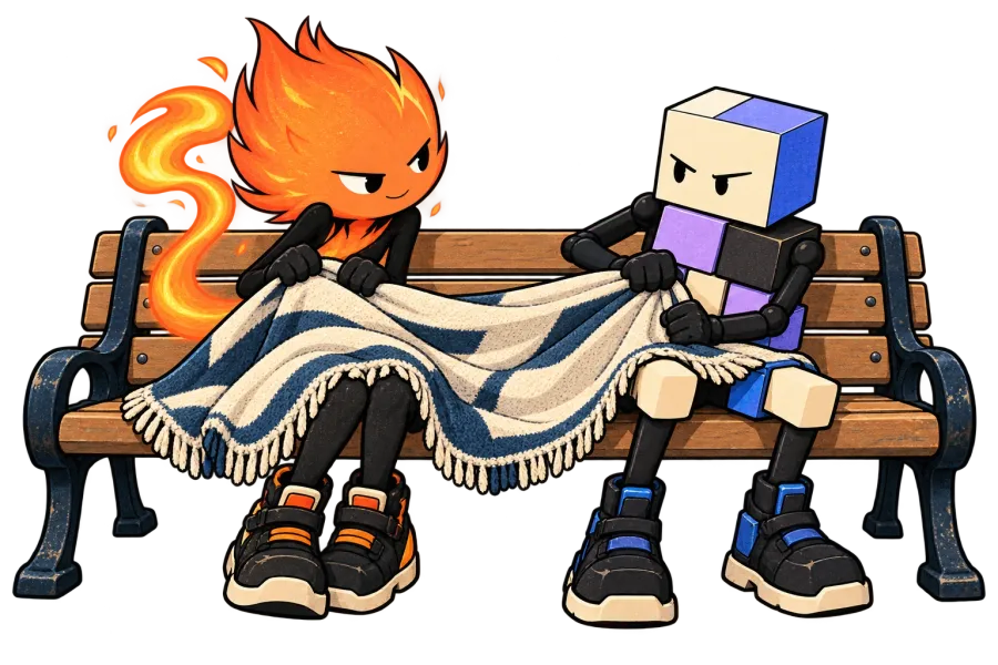 Spark and Cube share a short blanket on a bench; Spark’s knees are covered while Cube’s remain exposed.