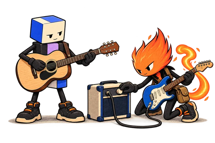 Cube tests an acoustic guitar while Spark adjusts an amplifier connected to an electric guitar. Both instruments are supported by straps.