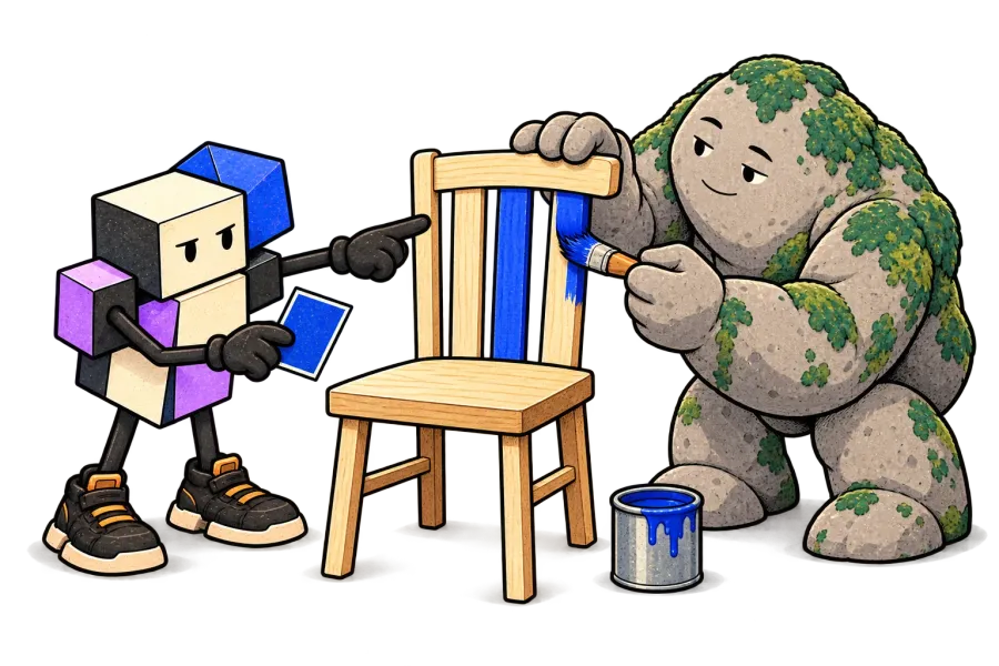 Cube holds a blue colour sample and points to a wooden chair while Stone paints its backrest blue.