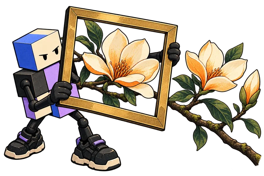 Cube holds an empty frame around one flower on a branch that continues outside to another flower and a bud.