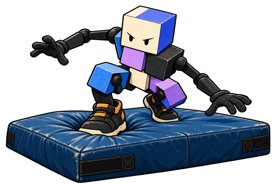 Cube lands with bent knees on a thick gymnastics mat, visibly compressing it beneath one boot.