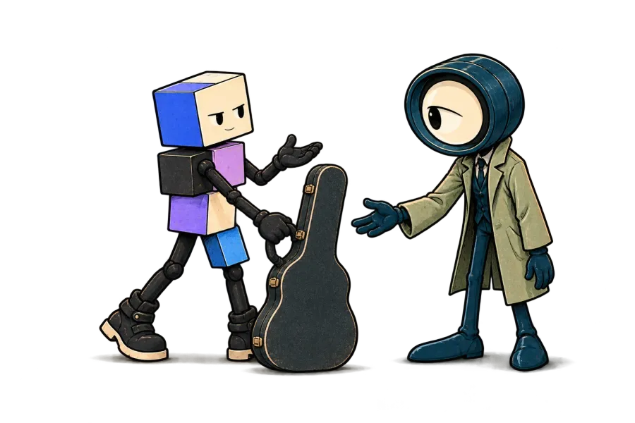 Cube holds the handle of an upright closed guitar case while Lupa reaches towards it; they look at one another.