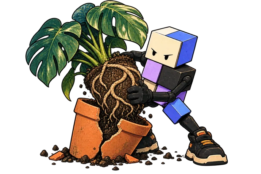 Cube lifts a tightly bound root ball from a plant pot split by its roots.
