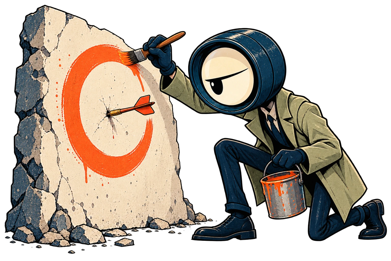 Lupa paints an unfinished target ring around a dart already embedded in a wall.