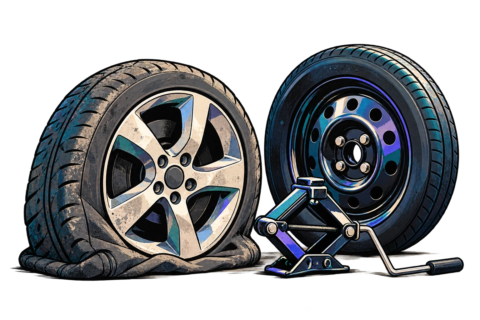 A deflated tyre stands beside a spare wheel and a jack ready for a repair.
