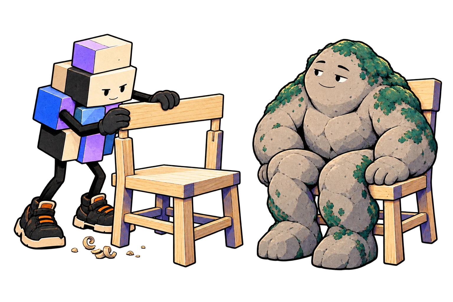 Cube fits a wooden chair's backrest while Stone sits on a separate finished chair, testing the product.