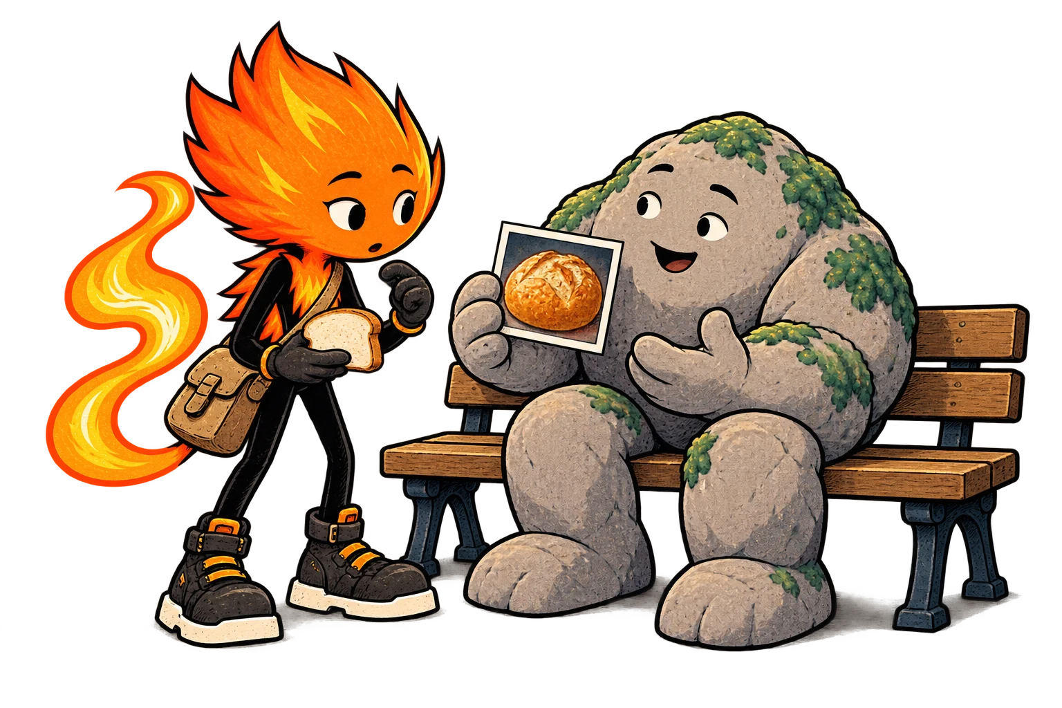 Spark holds a plain bread slice and looks at Stone showing a flat photograph of a golden loaf while gesturing from a park bench.