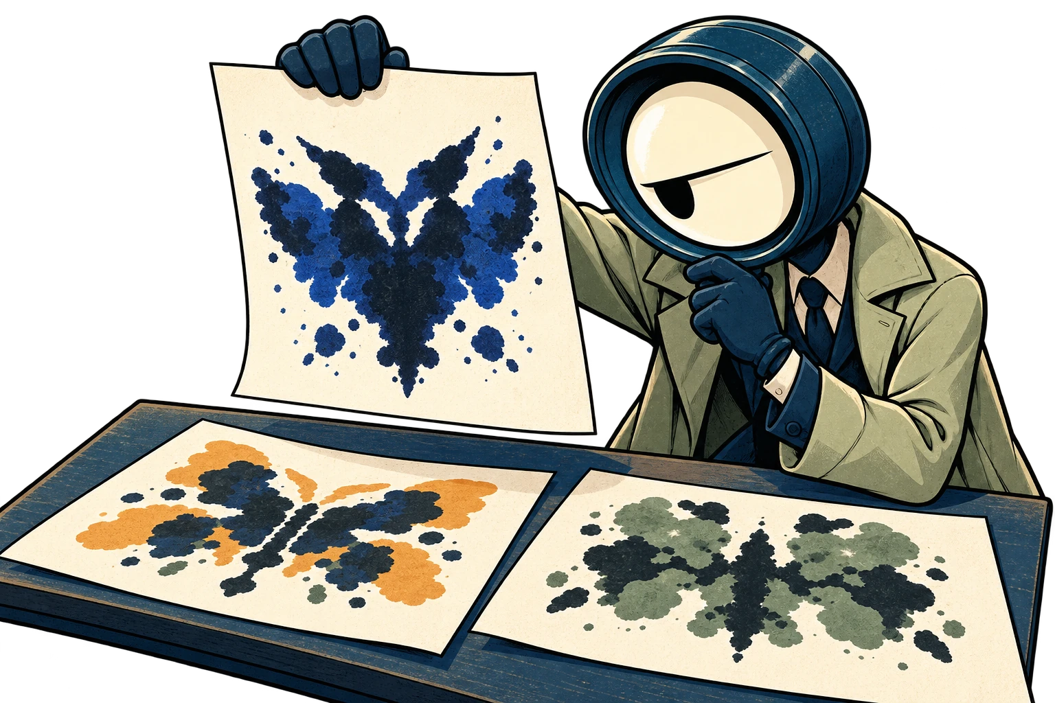 Lupa lifts an owl-like inkblot beside two different abstract prints.