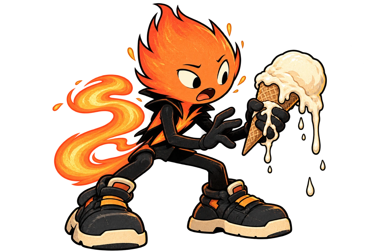 Spark reacts as melting ice cream slumps over a cone and runs across the gripping fingers.