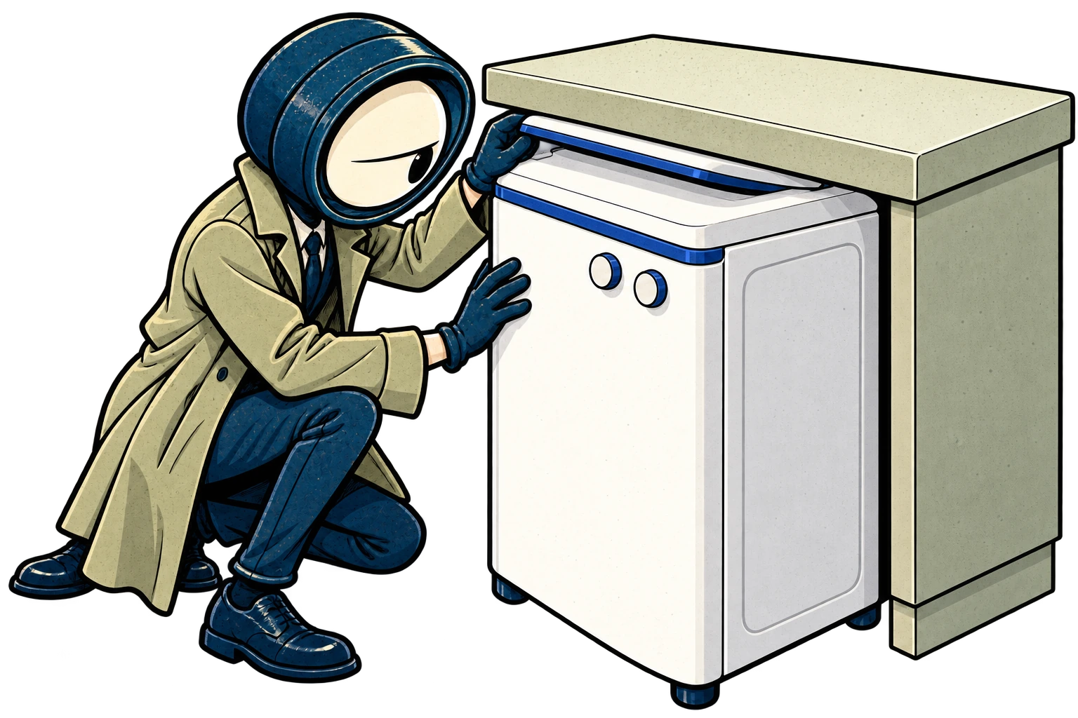 Lupa tries to lift a top-loading washing machine’s lid, but the low worktop above stops it from opening.