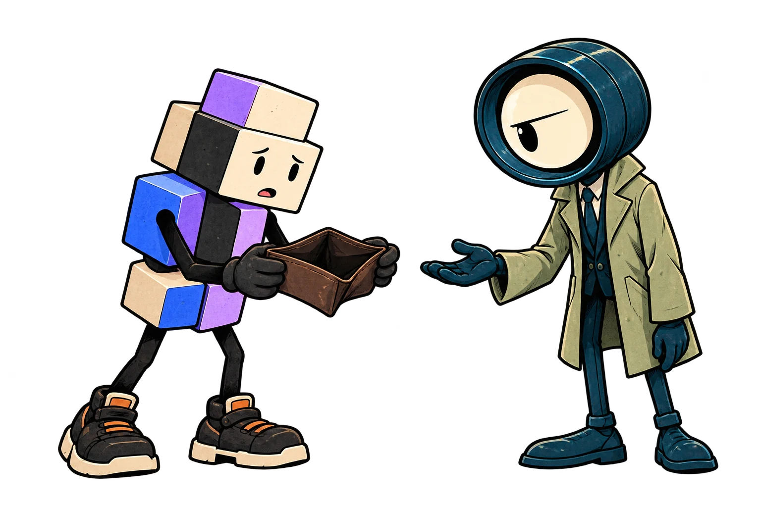 Cube holds an open empty wallet towards Lupa, who waits with an open palm.