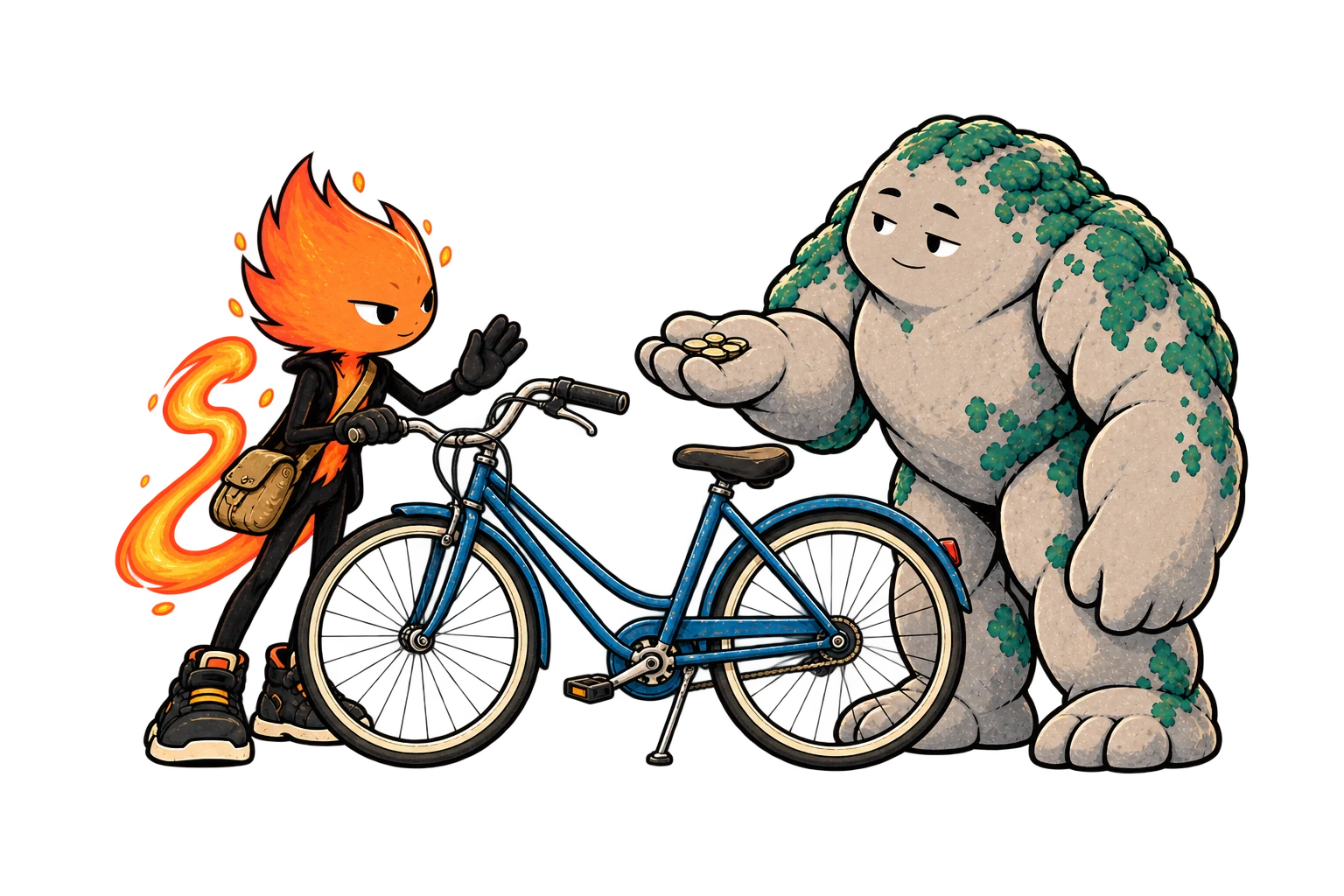Spark holds a bicycle's handlebar and raises his free palm towards Stone, who offers coins; neither bicycle nor money has changed hands.