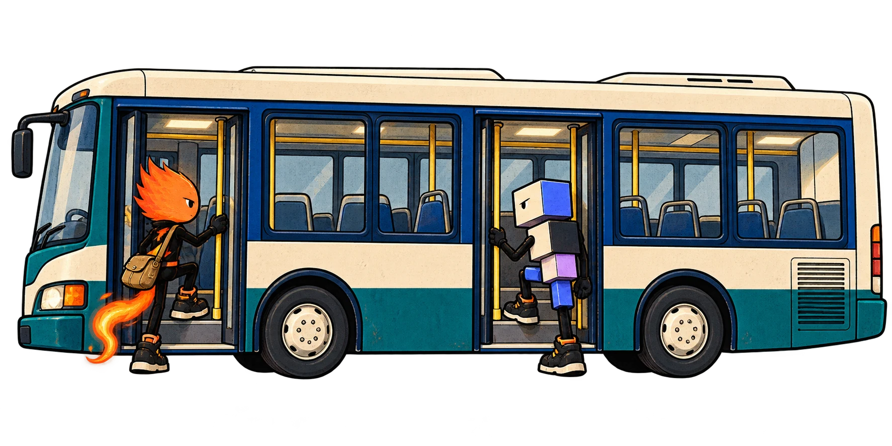 Spark and Cube board the same stationary bus through its front and middle doors, each holding an entry handrail.